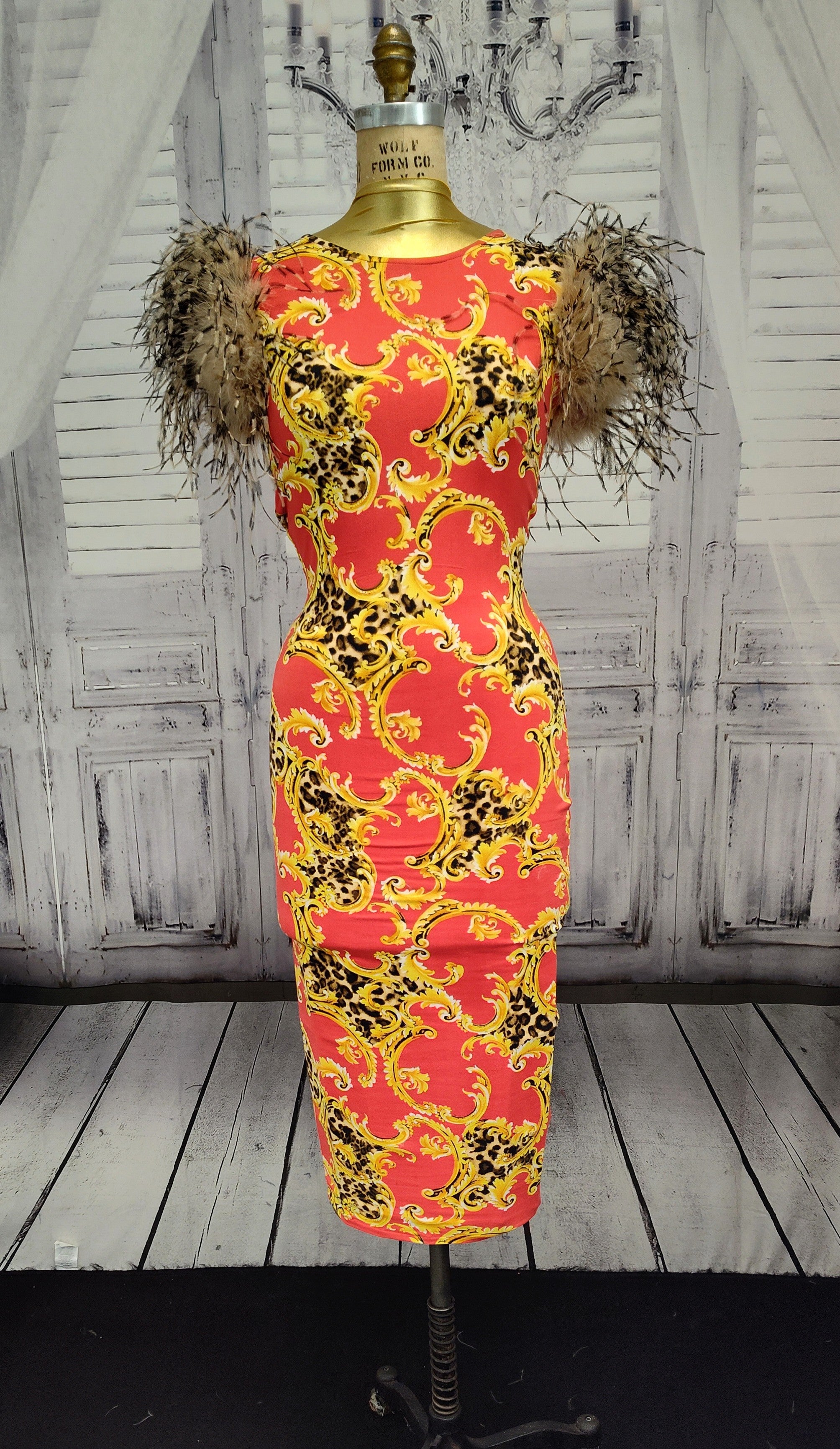 Red/Gold/Black bodycon dress with Stenciled Ostrich Feather Sleeves
