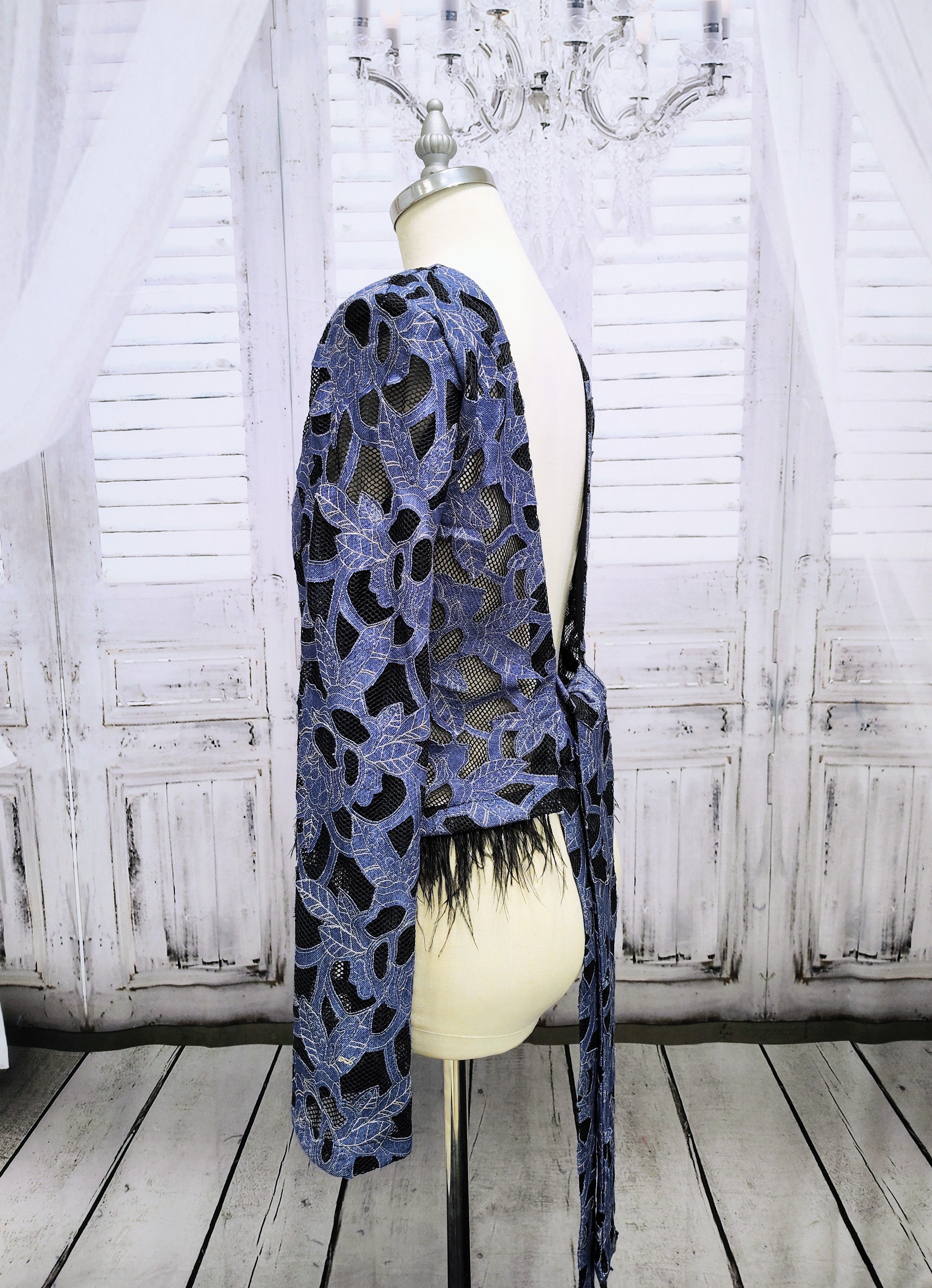 Denim Lace Mesh Top with Ostrich Feather Cuffs & Hem