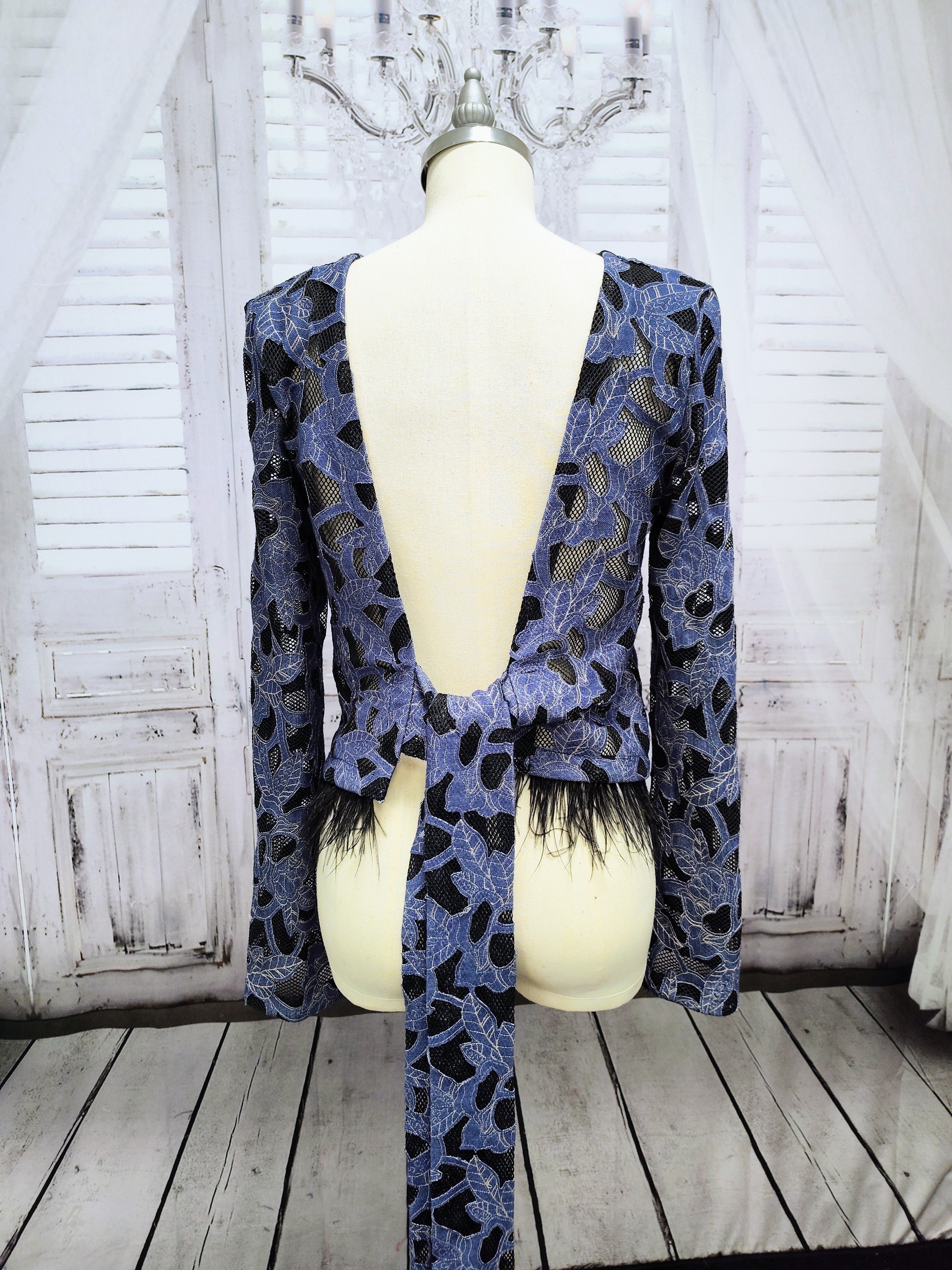 Denim Lace Mesh Top with Ostrich Feather Cuffs & Hem