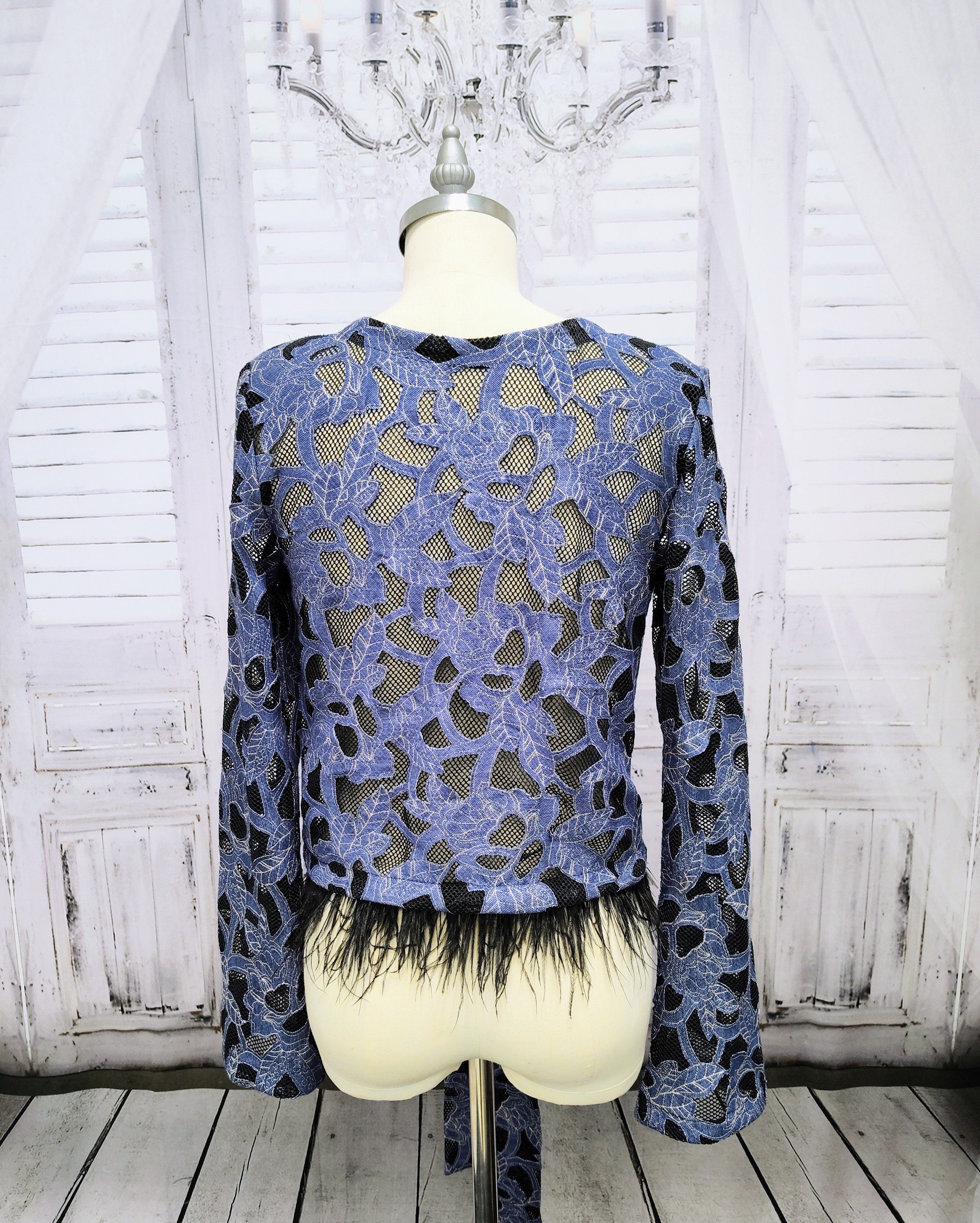 Denim Lace Mesh Top with Ostrich Feather Cuffs & Hem