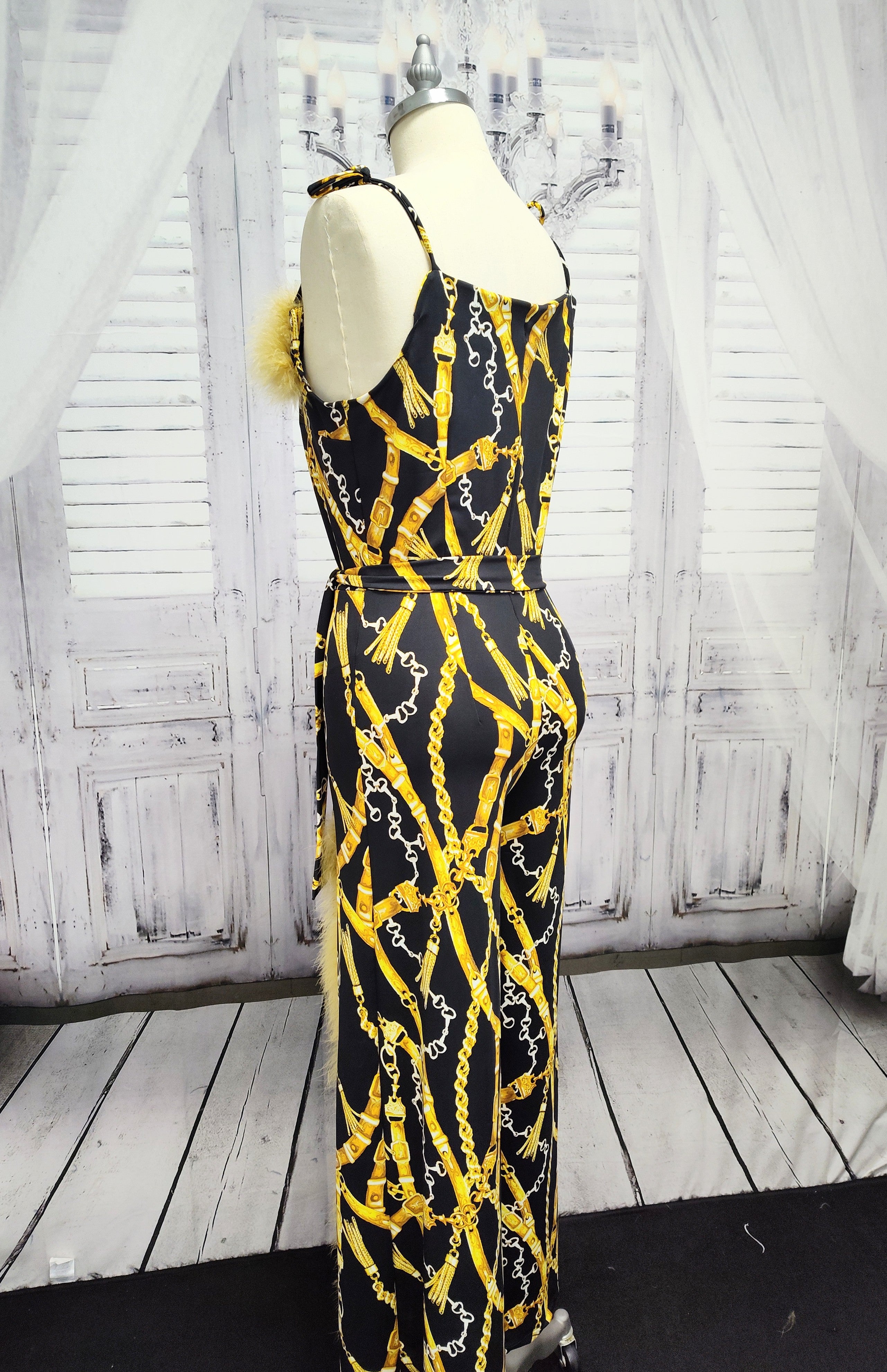 Marabou Feather Trim Jumpsuit with Slit