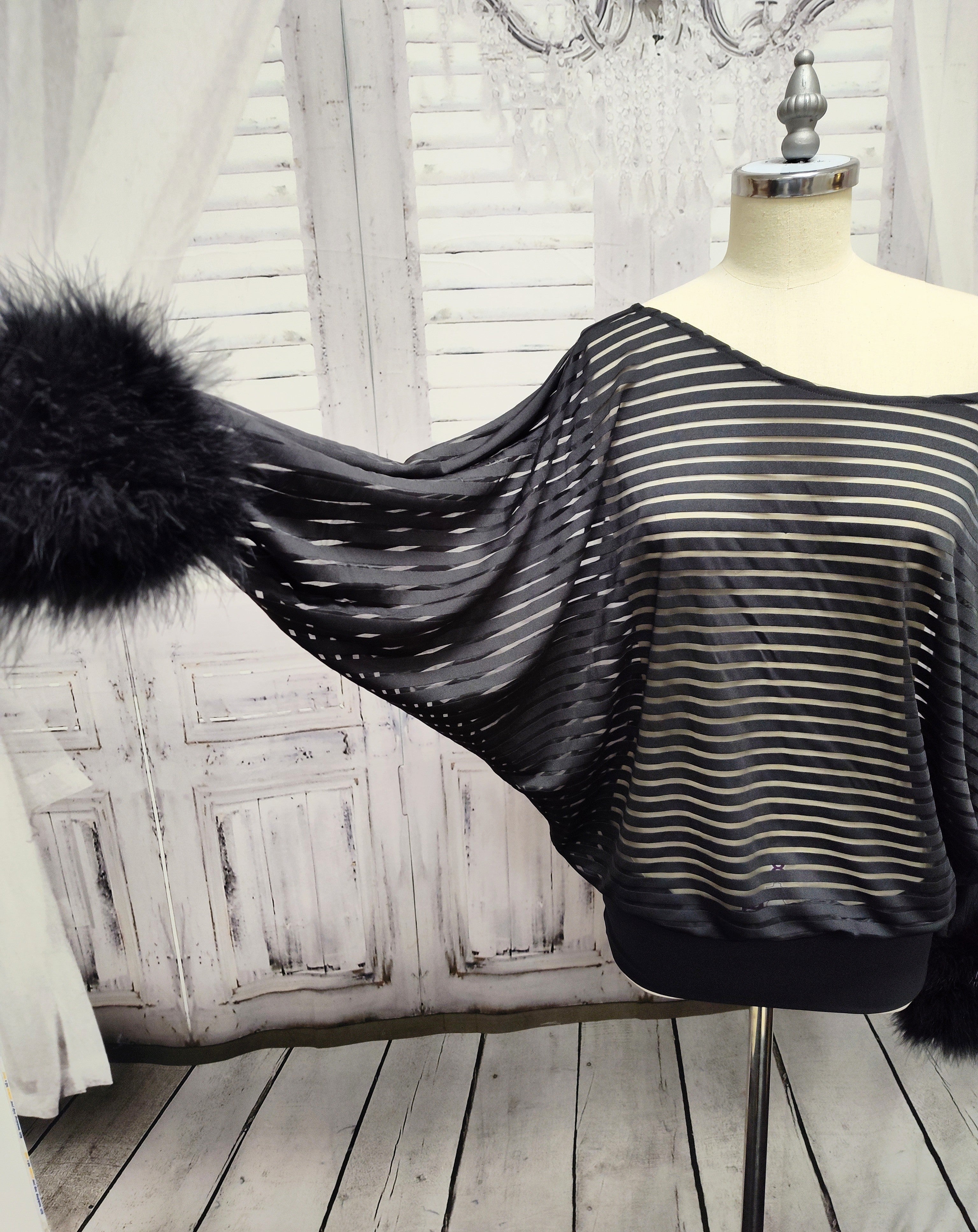 Sheer Striped Batwing Sleeve Top with Marabou Feather Cuffs