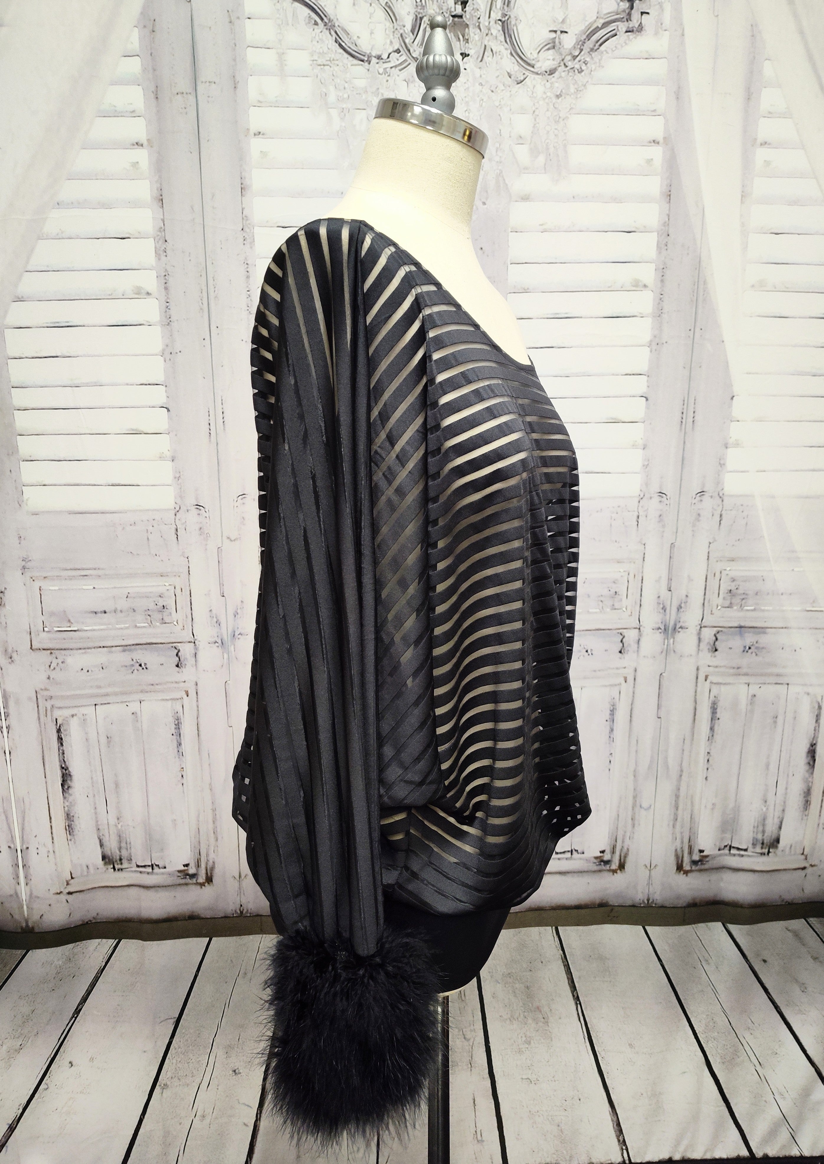 Sheer Striped Batwing Sleeve Top with Marabou Feather Cuffs