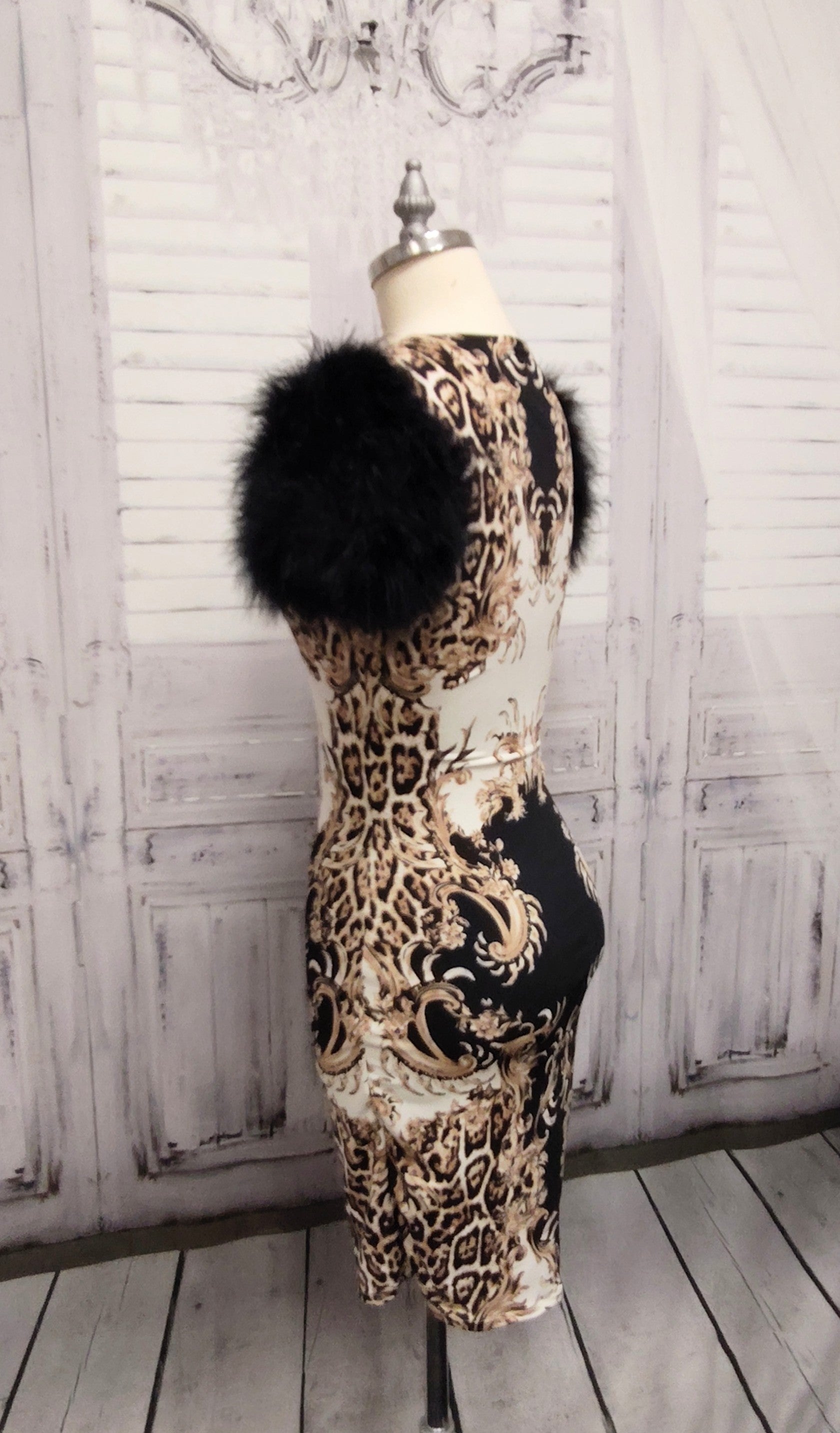 Marabou Feather Puff Short Sleeve Bodycon Dress