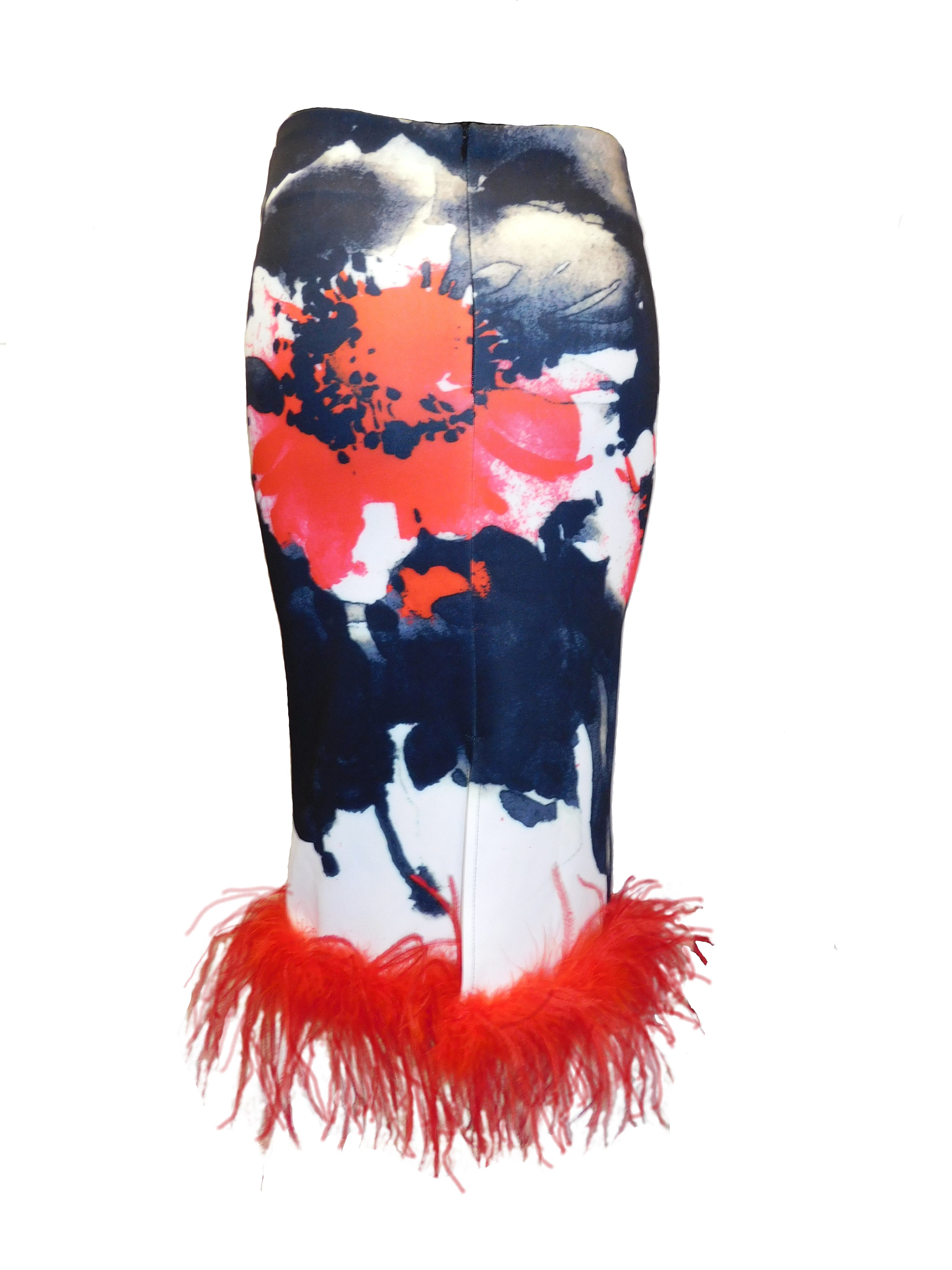 Ostrich Feather Hem Floral Pencil Skirt