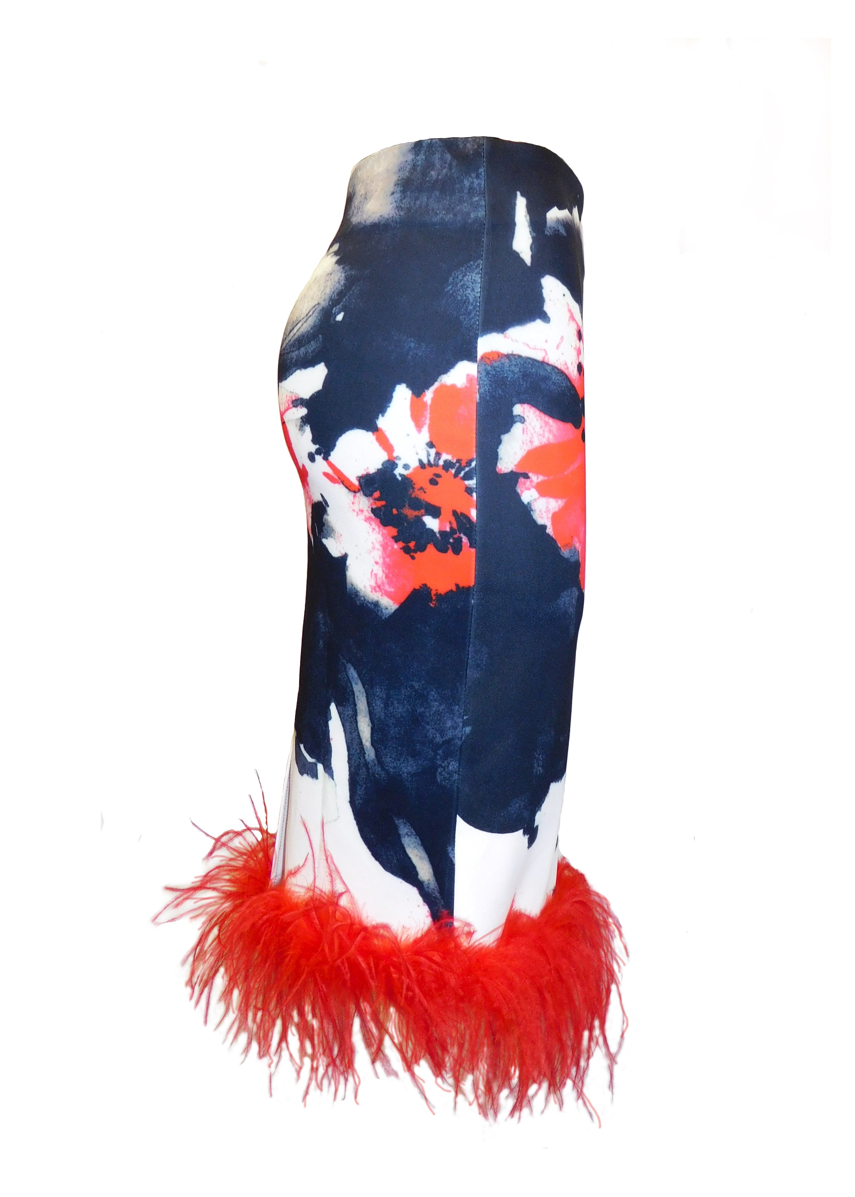 Ostrich Feather Hem Floral Pencil Skirt