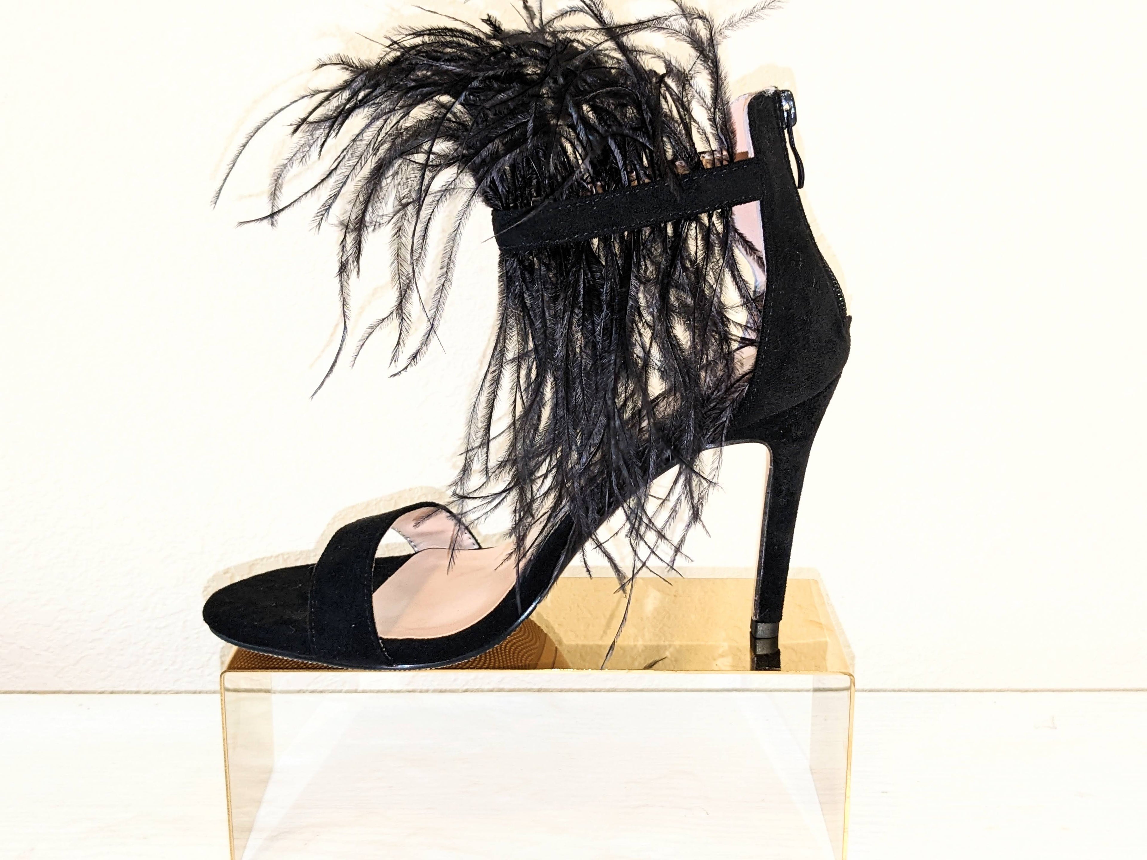 Black Suede and Ostrich Feather Strappy Ankle shoe