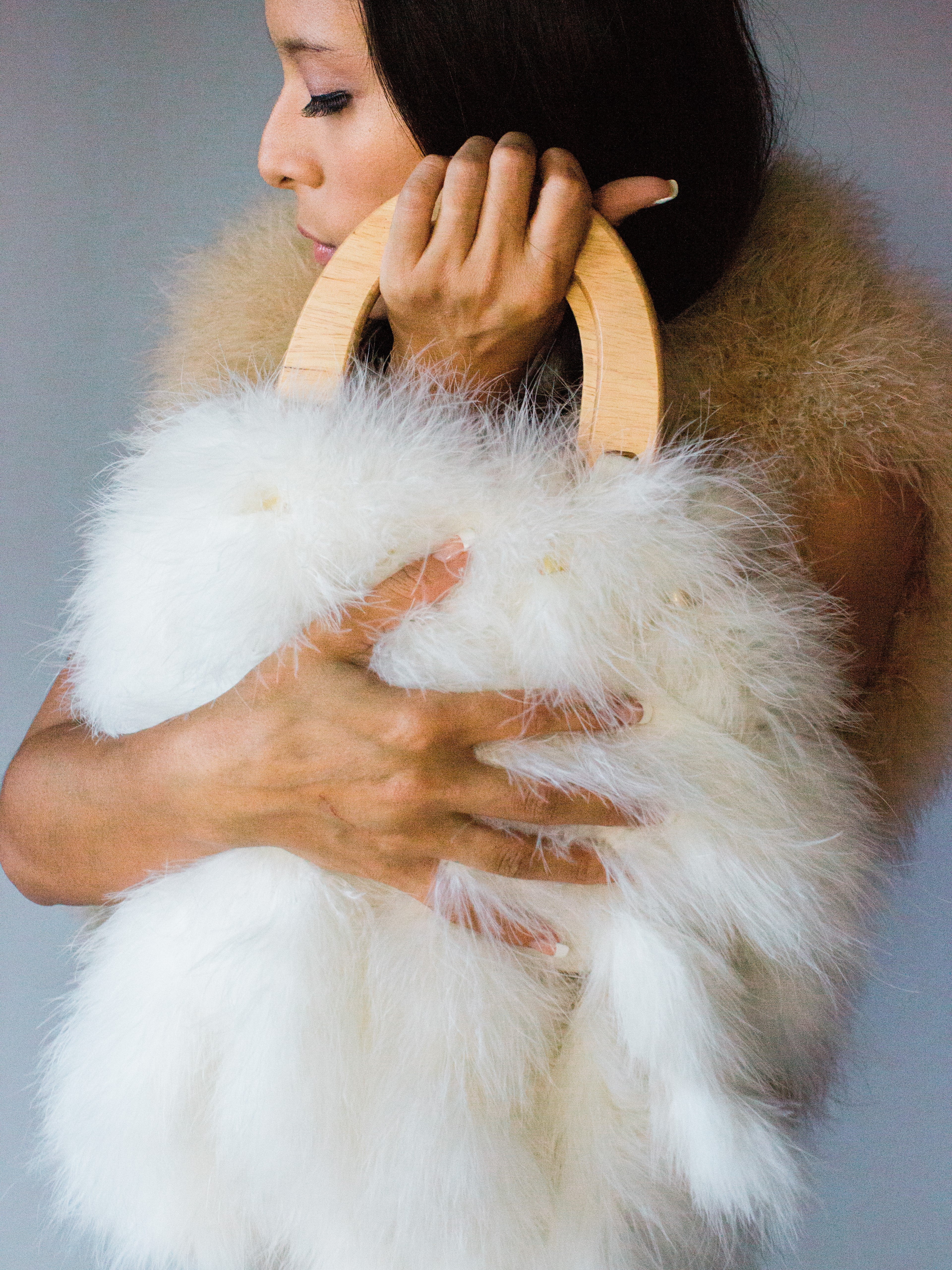 Feather handbag faux fur 'tails' with wood arch handle