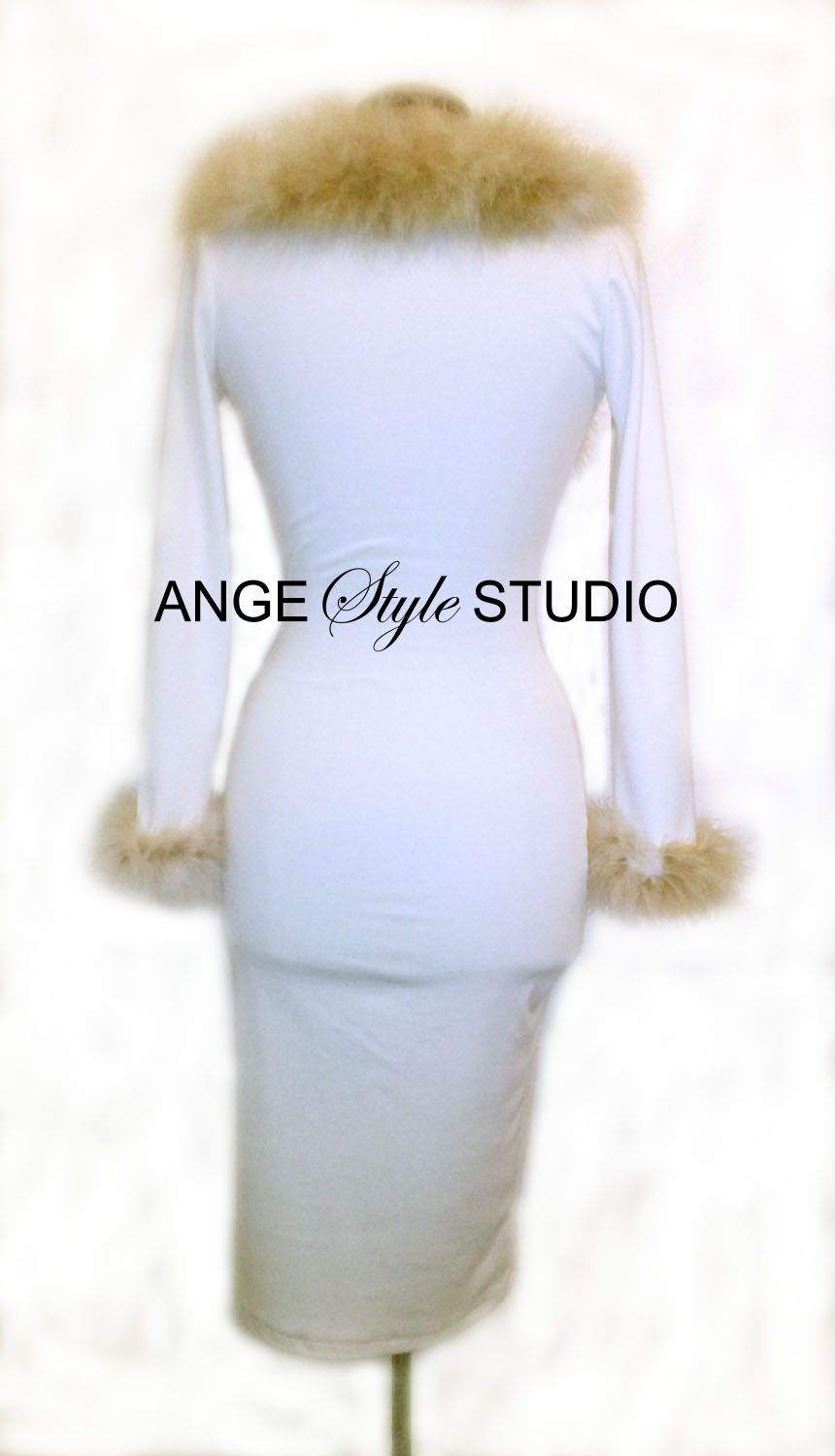 Ponte Knit Bodycon Dress with Marabou Feather Shawl Collar & Cuffs