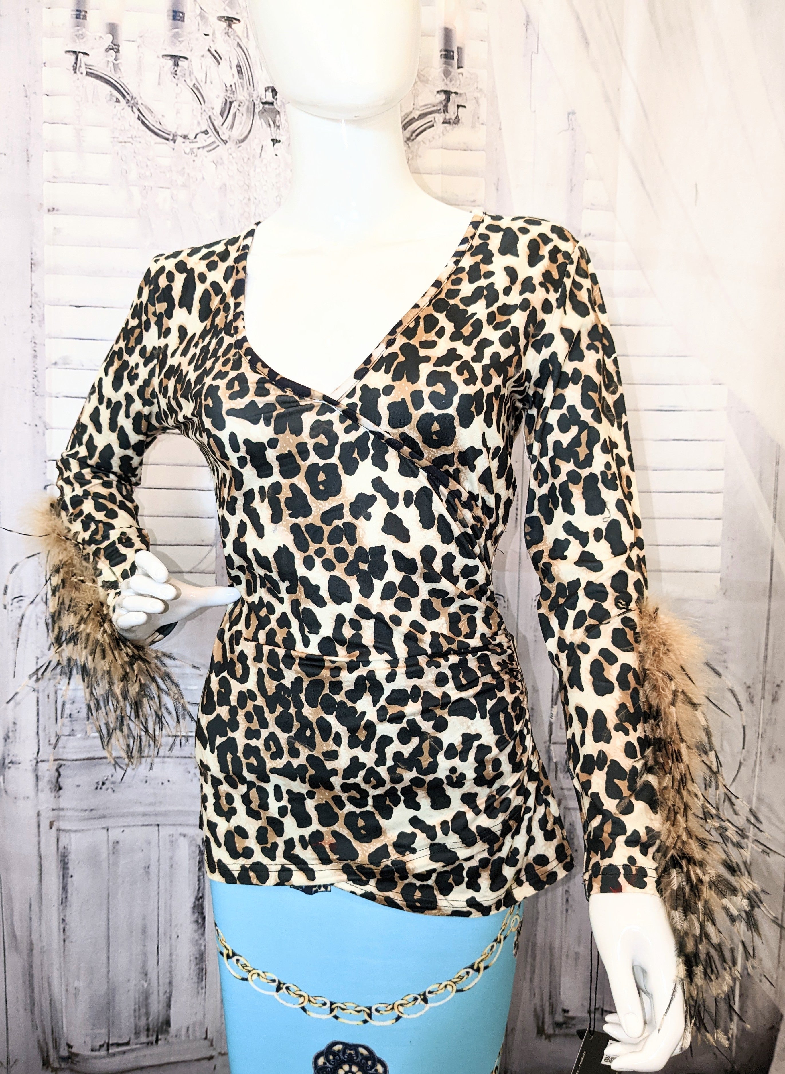 Cheetah Printed V-neck Top with Ostrich Feather Trim Sleeves