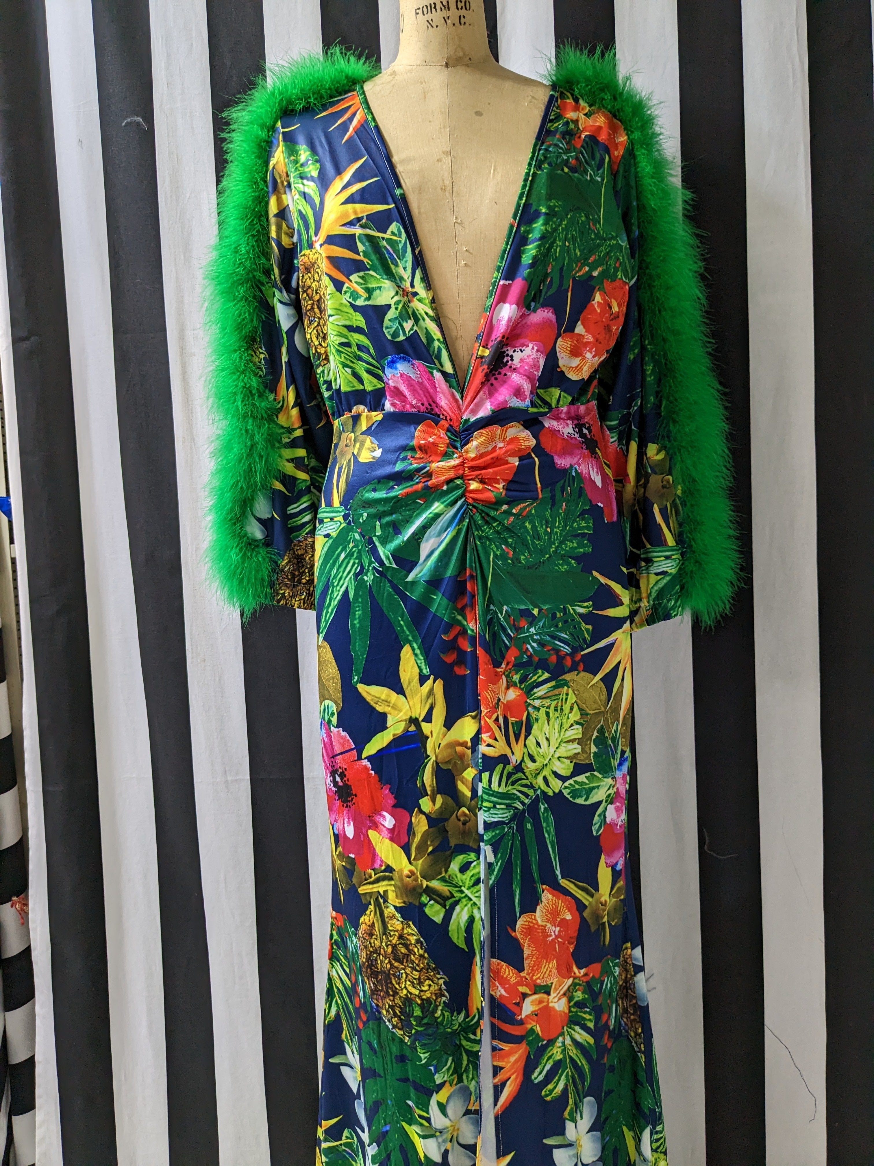 Faux Fur Feather Trim Sleeve Floral Maxie Dress