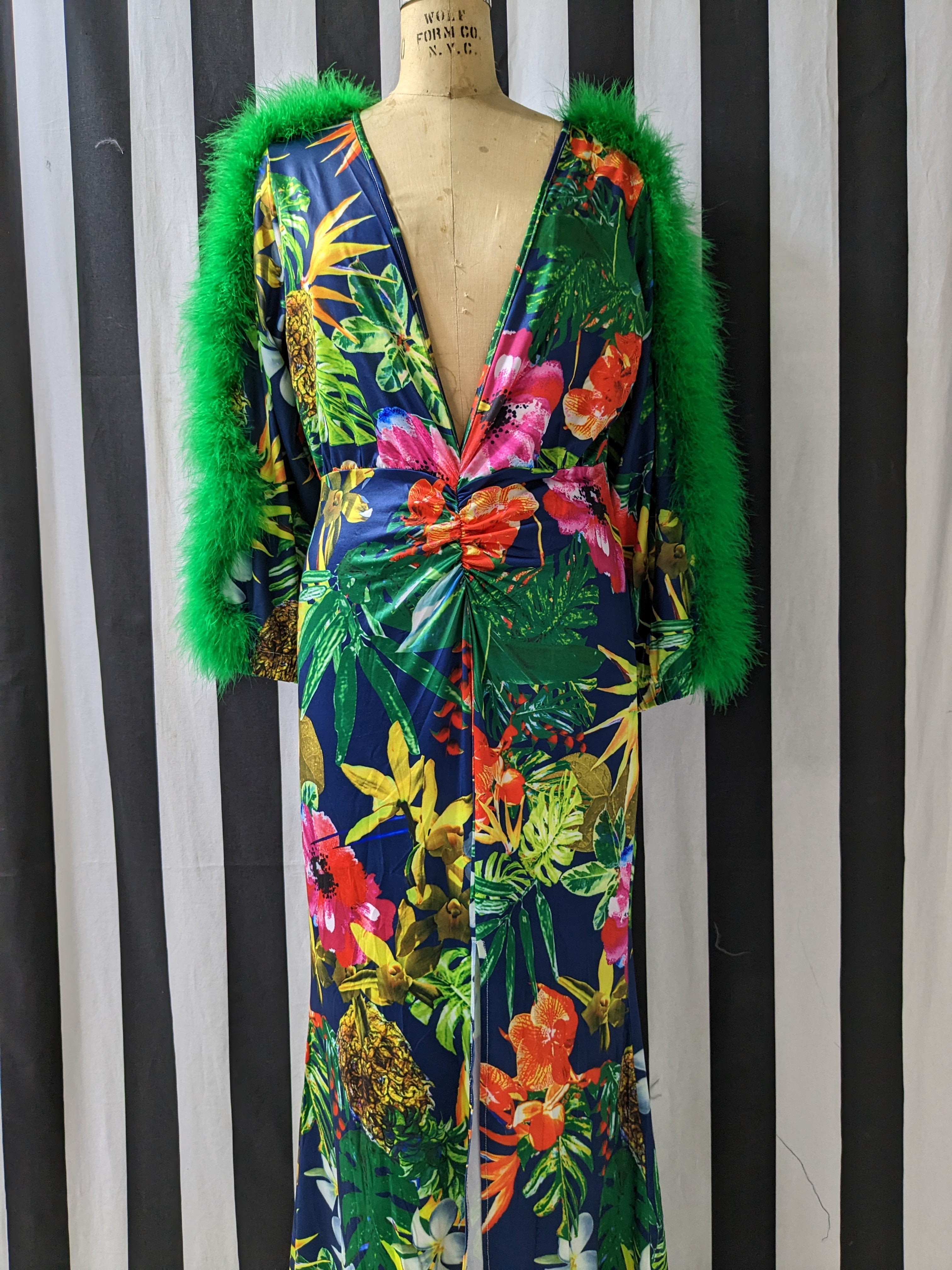 Faux Fur Feather Trim Sleeve Floral Maxie Dress