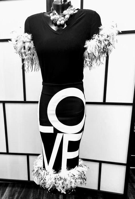 Feather Hem black and white 'LOVE' Pencil Skirt
