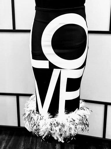 Feather Hem black and white 'LOVE' Pencil Skirt