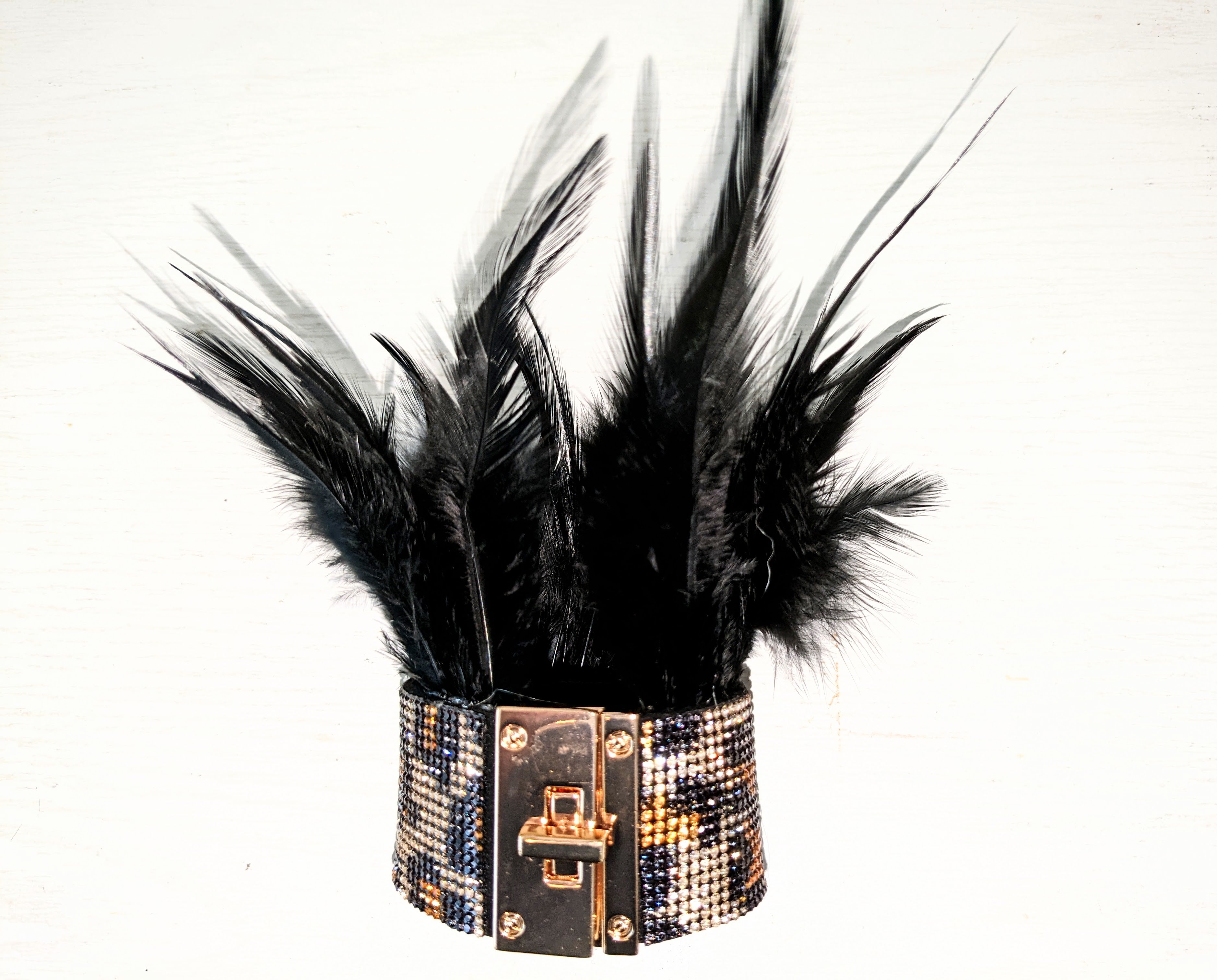 Feather and Crystal Lock Cuff Bracelet
